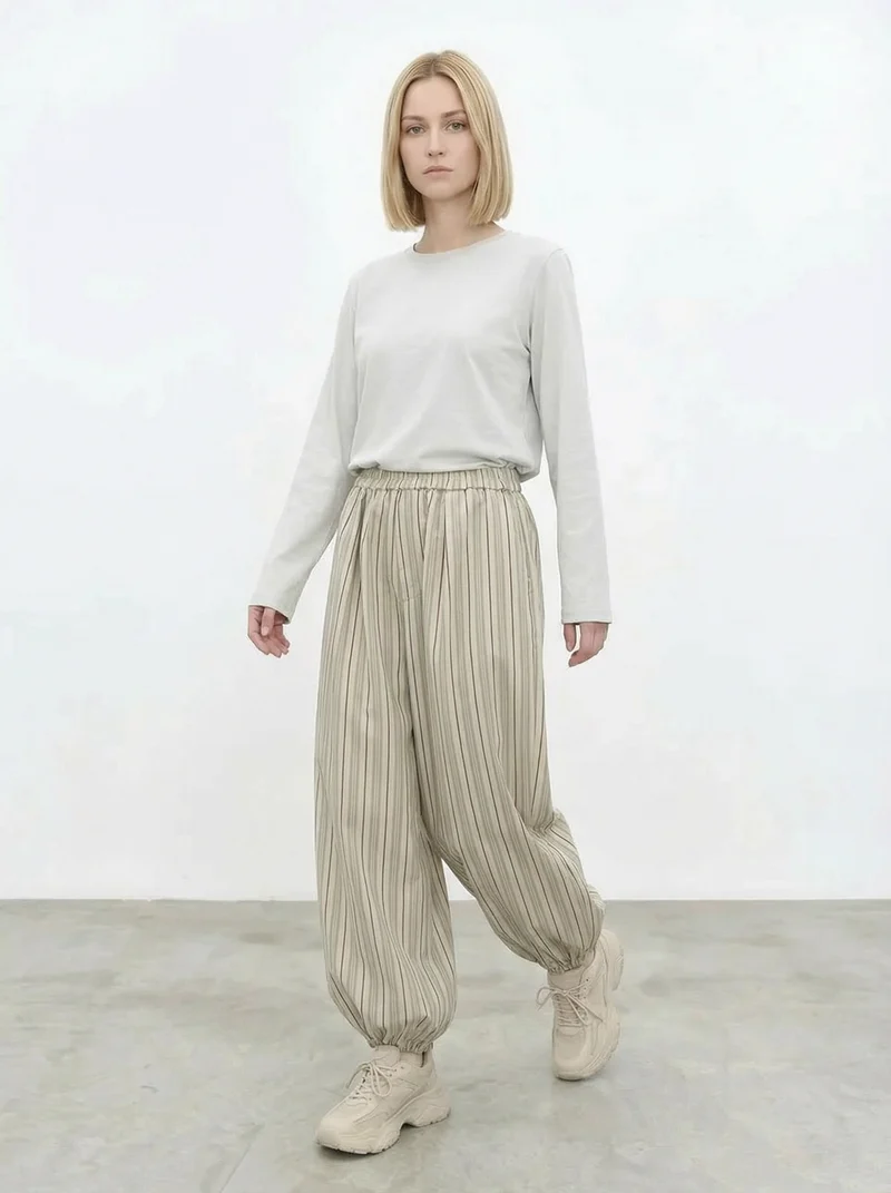 Sand Striped Relaxed Balloon Trousers