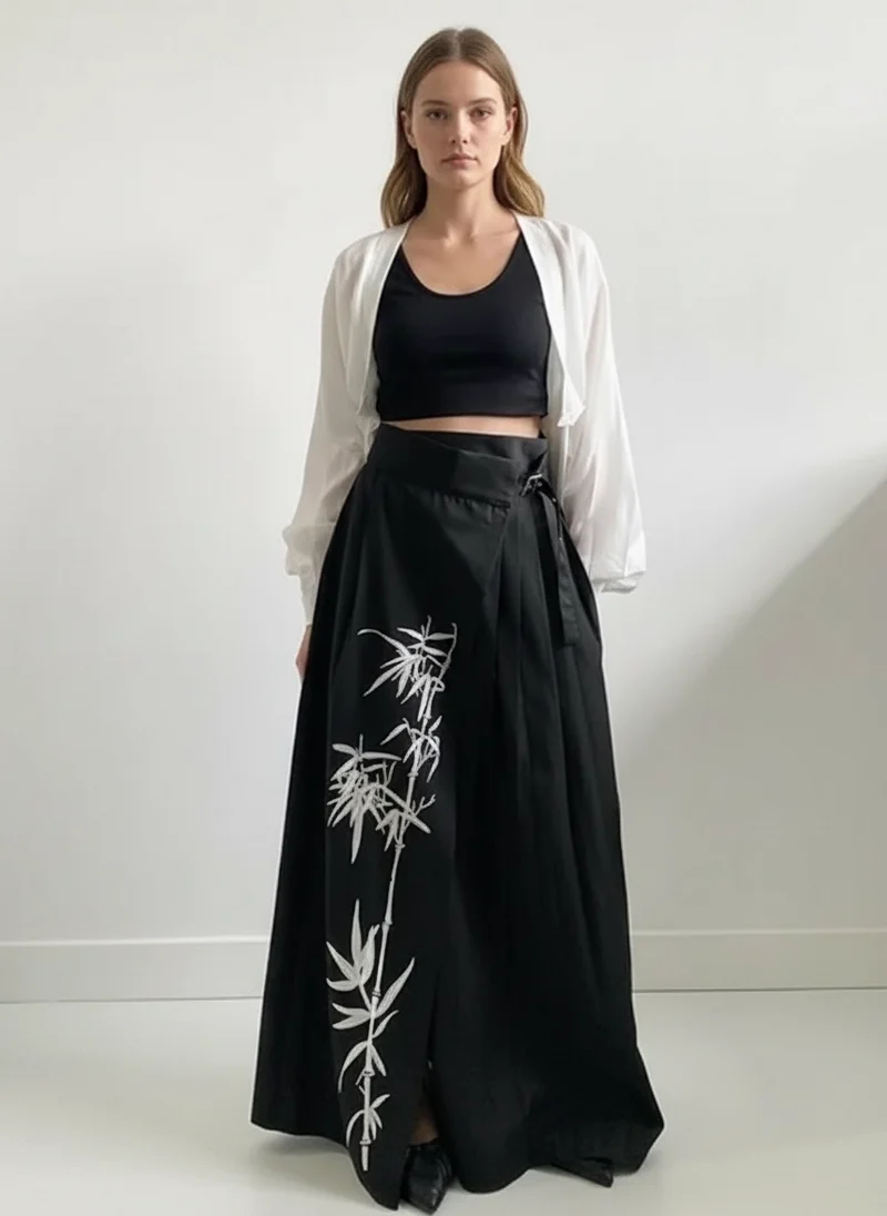 Bamboo Embroidered Gothic Wrap Skirt - Shadow Black