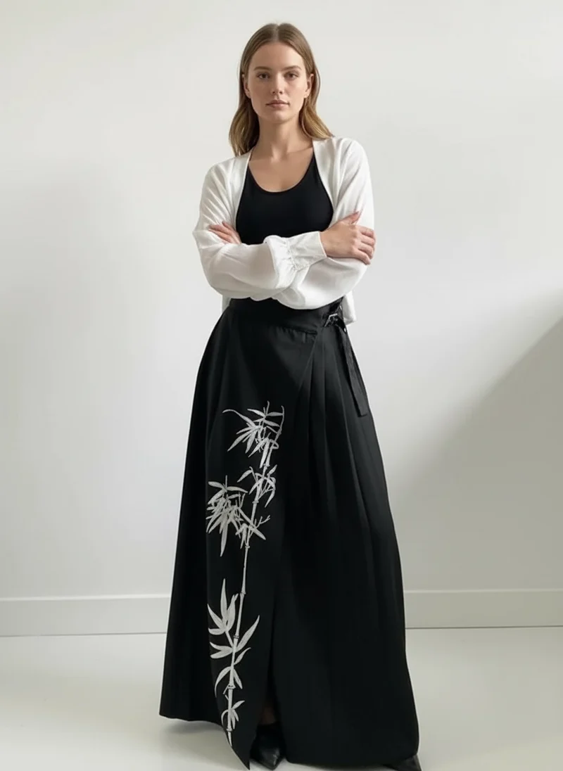 Bamboo Embroidered Gothic Wrap Skirt - Shadow Black