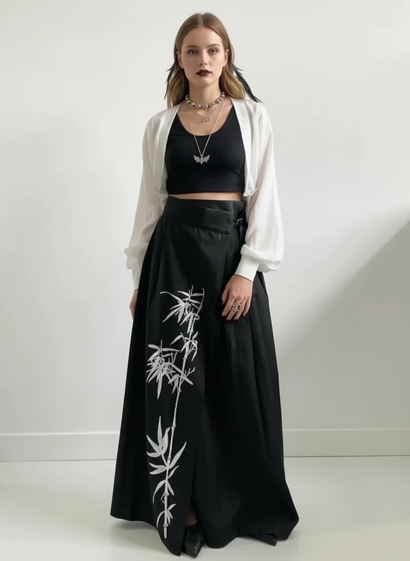 Bamboo Embroidered Gothic Wrap Skirt - Shadow Black