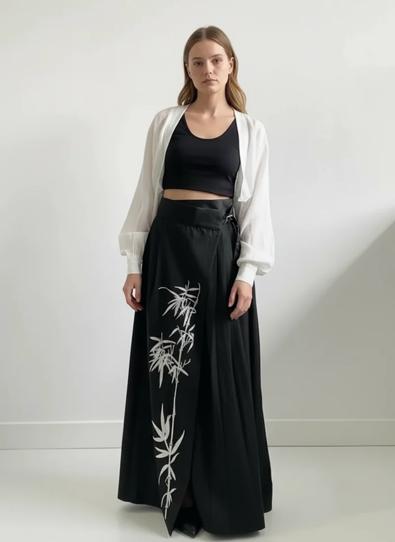 Bamboo Embroidered Gothic Wrap Skirt - Shadow Black