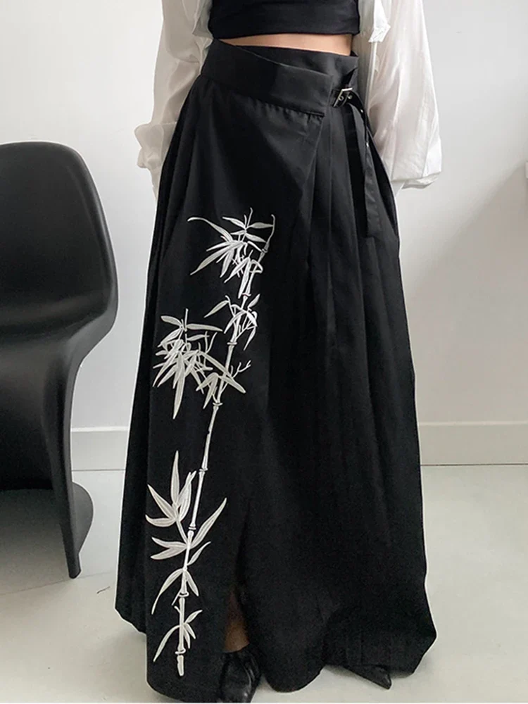 Bamboo Embroidered Gothic Wrap Skirt - Shadow Black