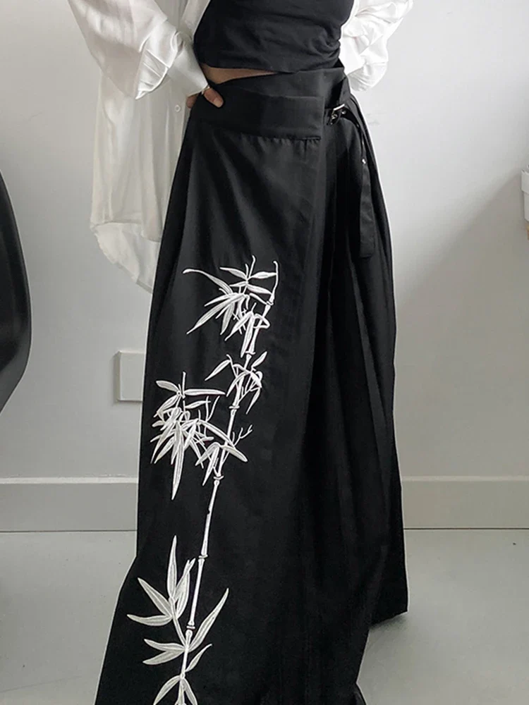 Bamboo Embroidered Gothic Wrap Skirt - Shadow Black