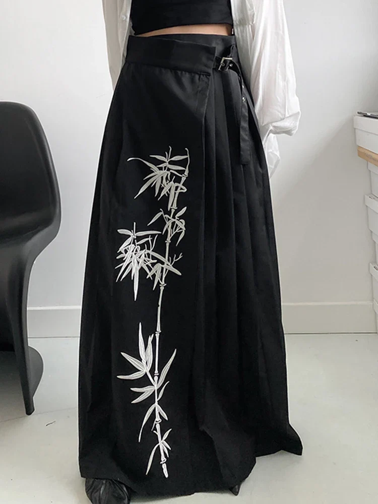 Bamboo Embroidered Gothic Wrap Skirt - Shadow Black