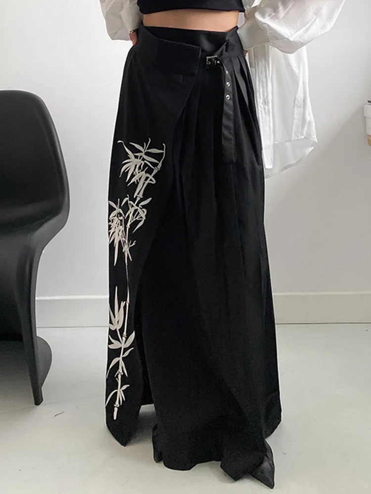 Bamboo Embroidered Gothic Wrap Skirt - Shadow Black