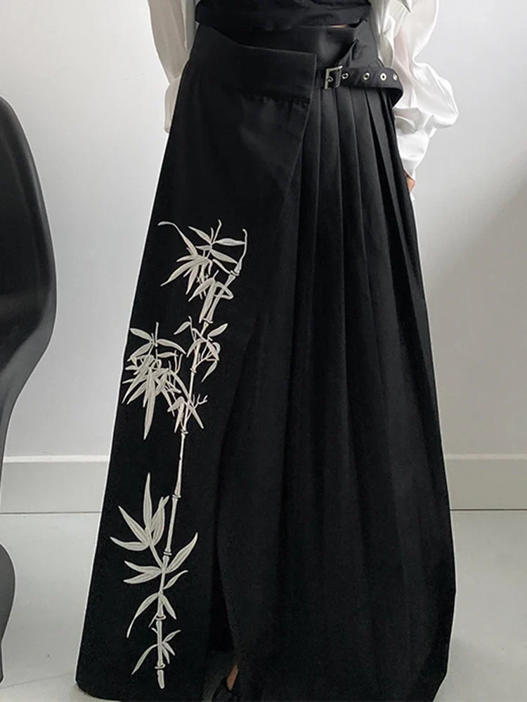 Bamboo Embroidered Gothic Wrap Skirt - Shadow Black