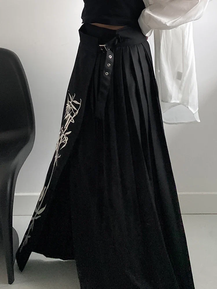 Bamboo Embroidered Gothic Wrap Skirt - Shadow Black