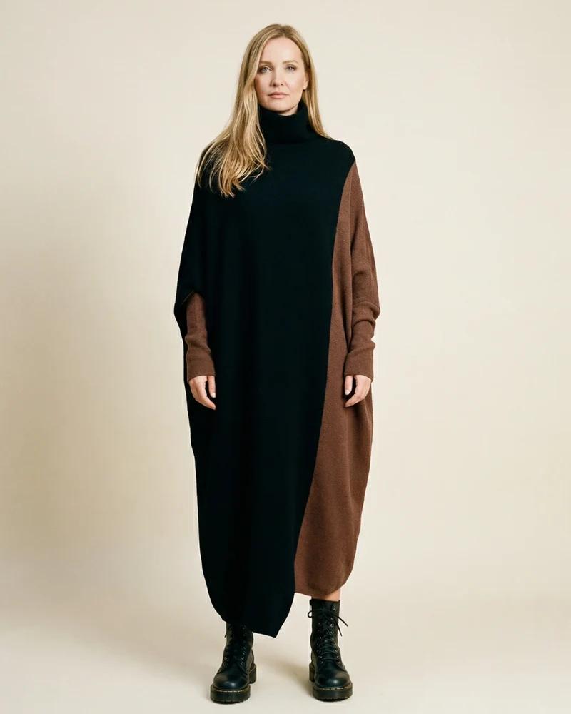 Oversized Coffee Brown & Black Colorblock Knit Maxi Pullover Dress – Asymmetrical Turtleneck Statement