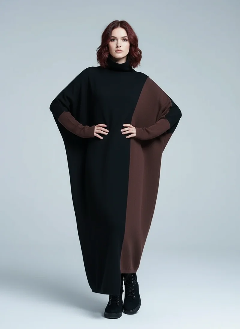 Oversized Coffee Brown & Black Colorblock Knit Maxi Pullover Dress – Asymmetrical Turtleneck Statement
