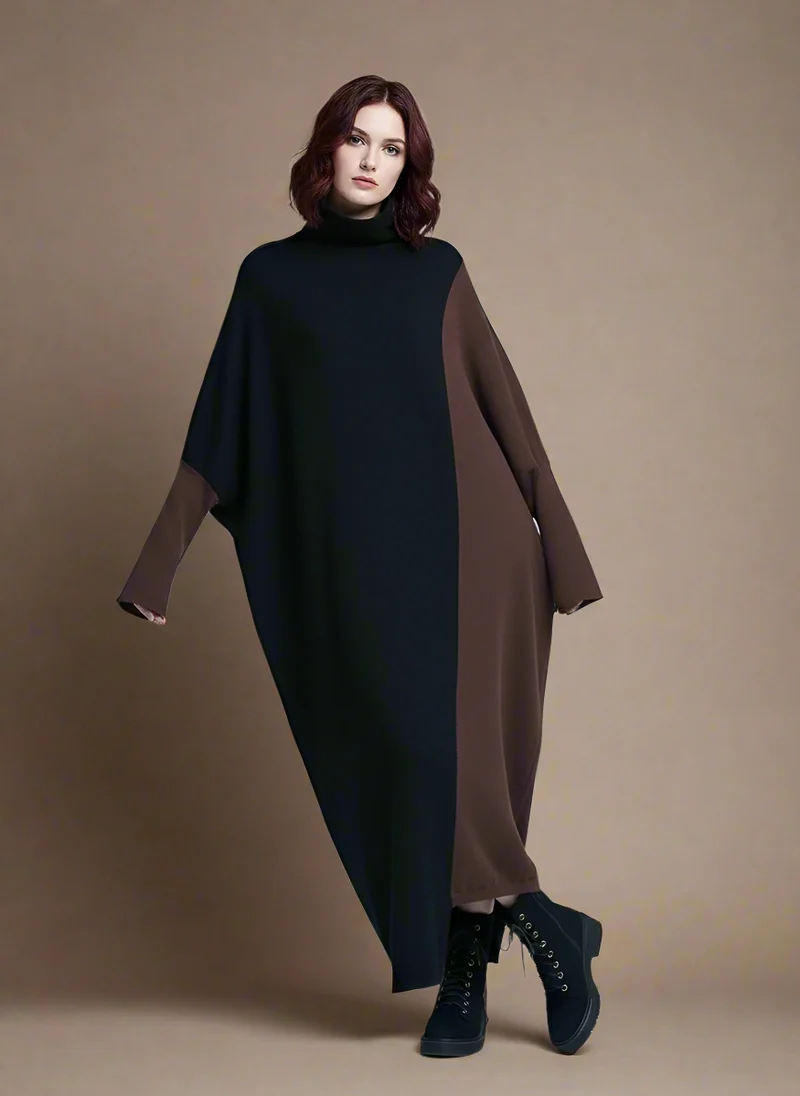Oversized Coffee Brown & Black Colorblock Knit Maxi Pullover Dress – Asymmetrical Turtleneck Statement
