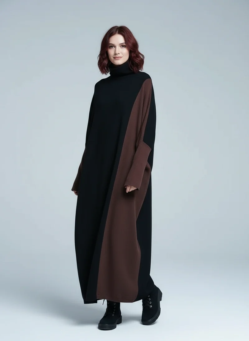 Oversized Coffee Brown & Black Colorblock Knit Maxi Pullover Dress – Asymmetrical Turtleneck Statement
