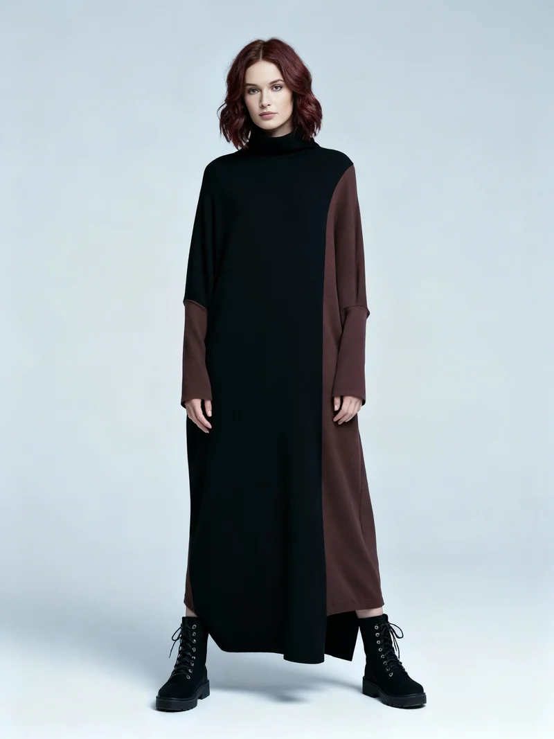 Oversized Coffee Brown & Black Colorblock Knit Maxi Pullover Dress – Asymmetrical Turtleneck Statement