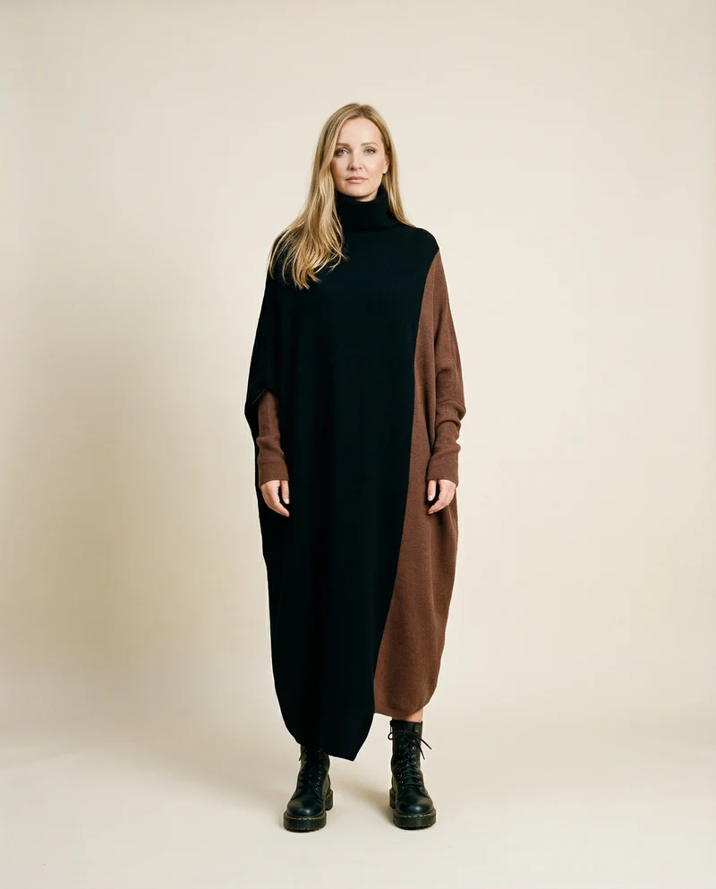 Oversized Coffee Brown & Black Colorblock Knit Maxi Pullover Dress – Asymmetrical Turtleneck Statement
