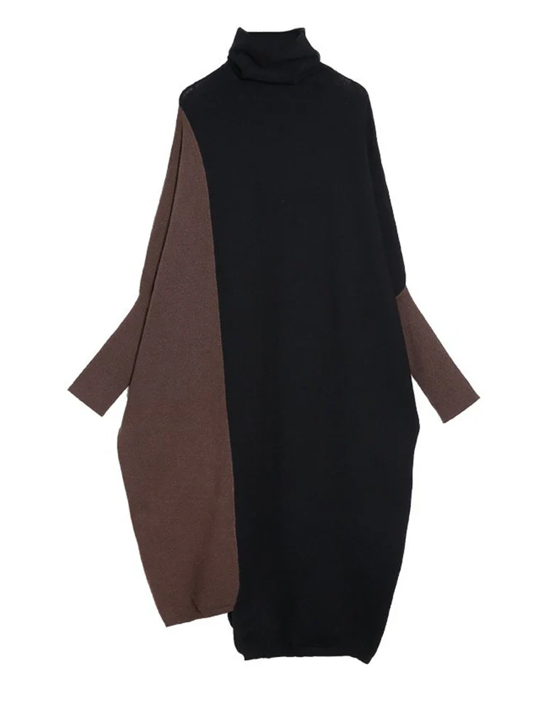 Oversized Coffee Brown & Black Colorblock Knit Maxi Pullover Dress – Asymmetrical Turtleneck Statement