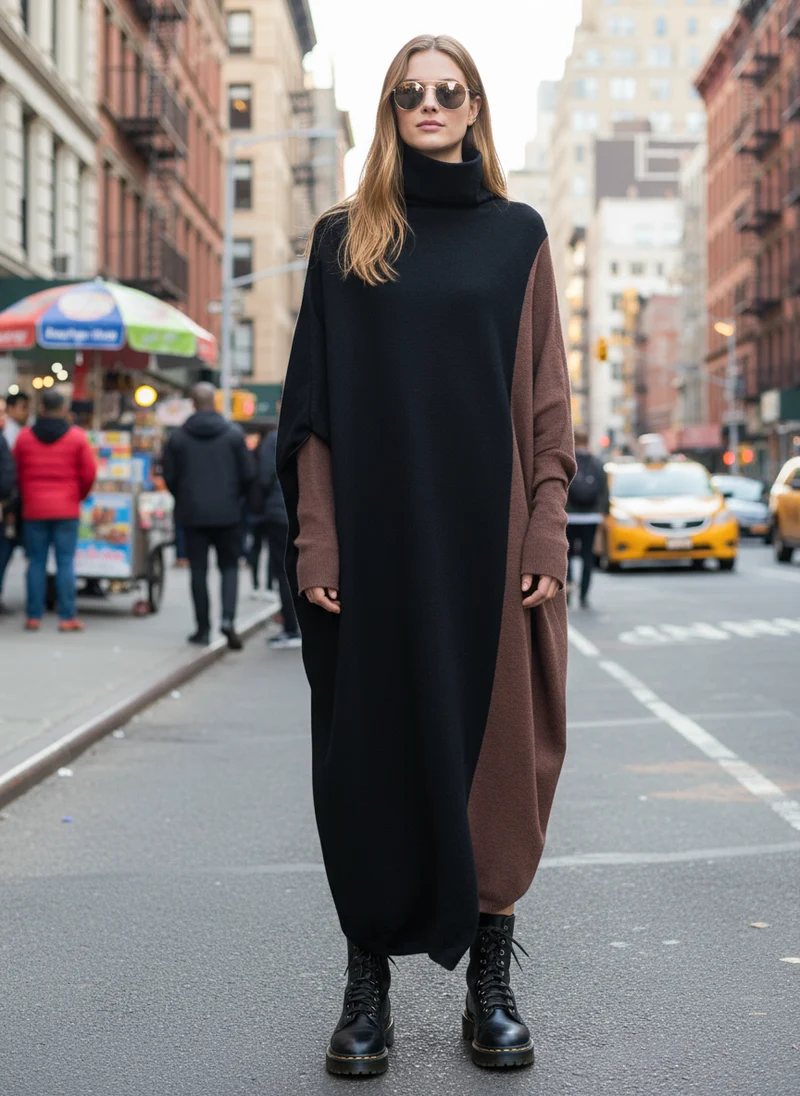 Oversized Coffee Brown & Black Colorblock Knit Maxi Pullover Dress – Asymmetrical Turtleneck Statement