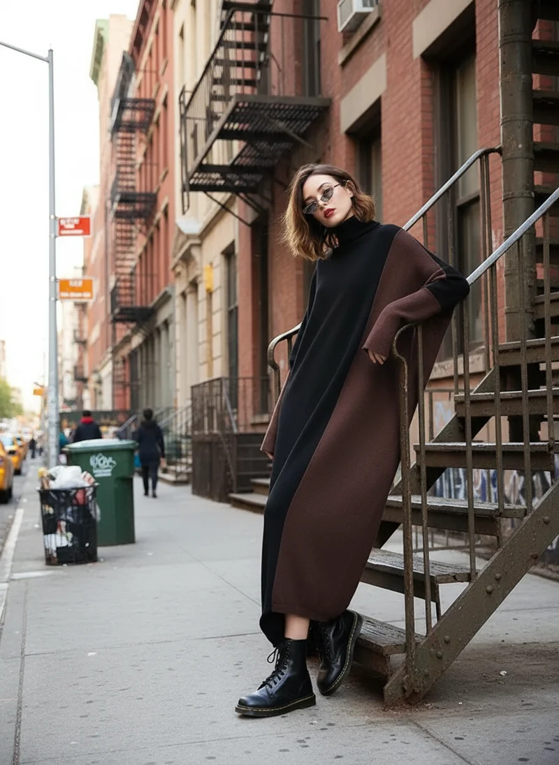 Oversized Coffee Brown & Black Colorblock Knit Maxi Pullover Dress – Asymmetrical Turtleneck Statement