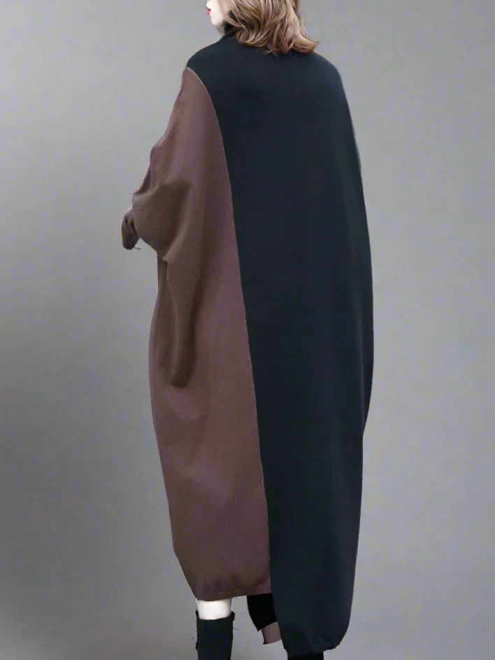 Oversized Coffee Brown & Black Colorblock Knit Maxi Pullover Dress – Asymmetrical Turtleneck Statement