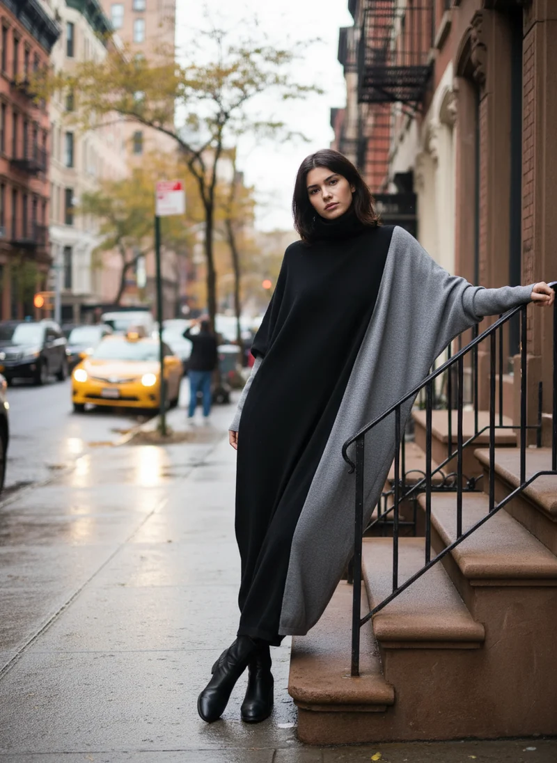 Oversized Knit Pullover Dress – Colorblock Black & Grey | Casual Minimal Goth