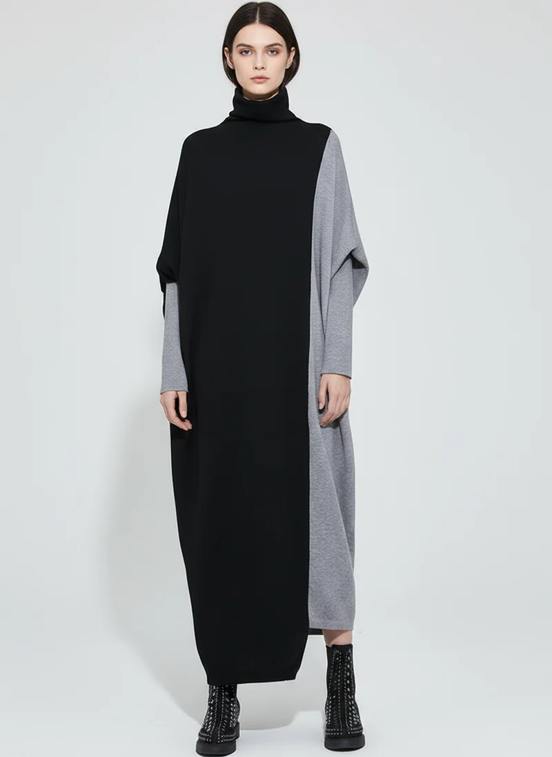 Oversized Knit Pullover Dress – Colorblock Black & Grey | Casual Minimal Goth