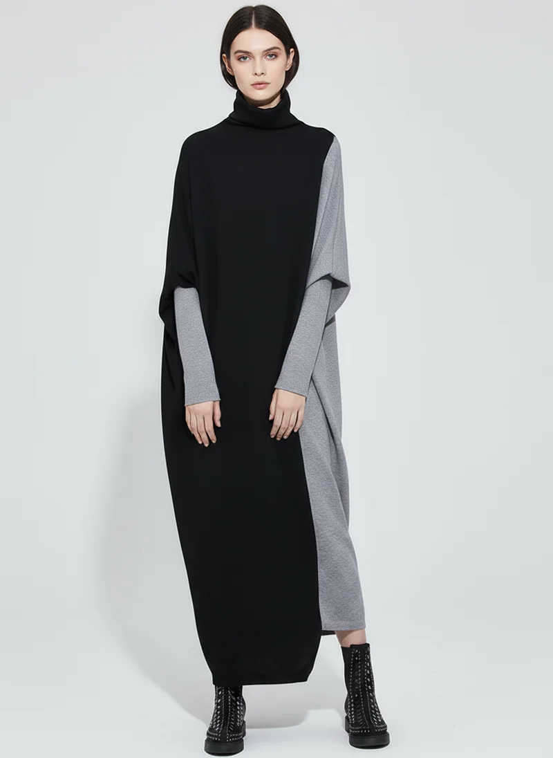 Oversized Knit Pullover Dress – Colorblock Black & Grey | Casual Minimal Goth