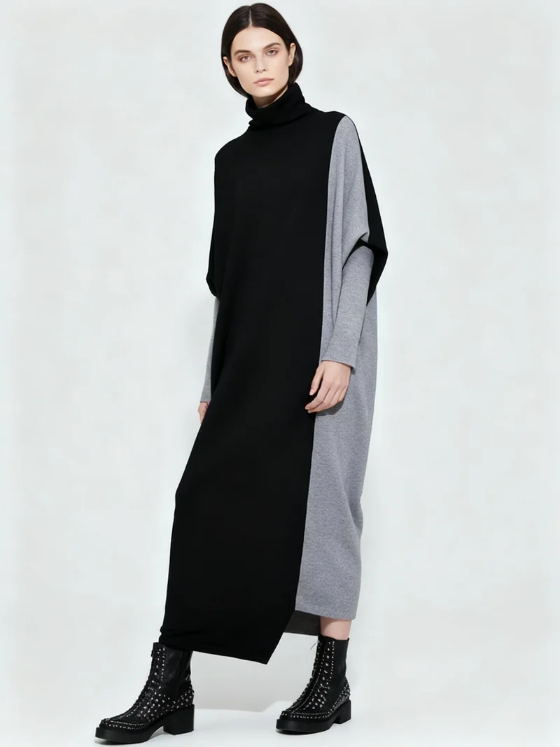 Oversized Knit Pullover Dress – Colorblock Black & Grey | Casual Minimal Goth