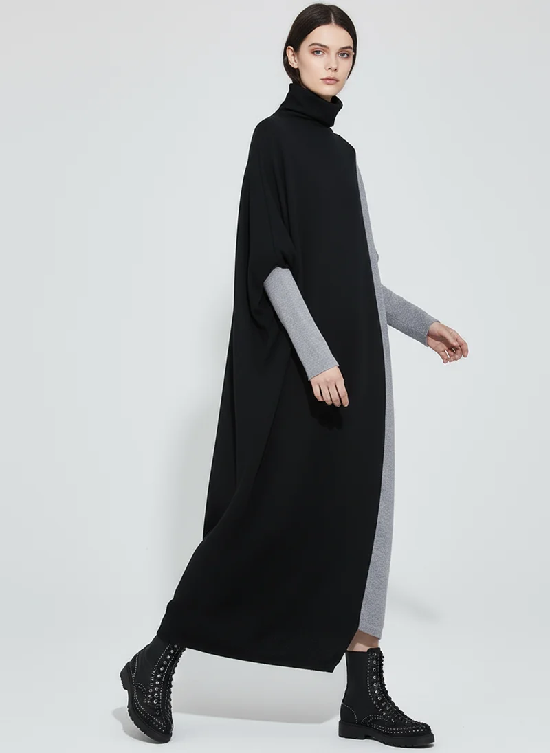 Oversized Knit Pullover Dress – Colorblock Black & Grey | Casual Minimal Goth