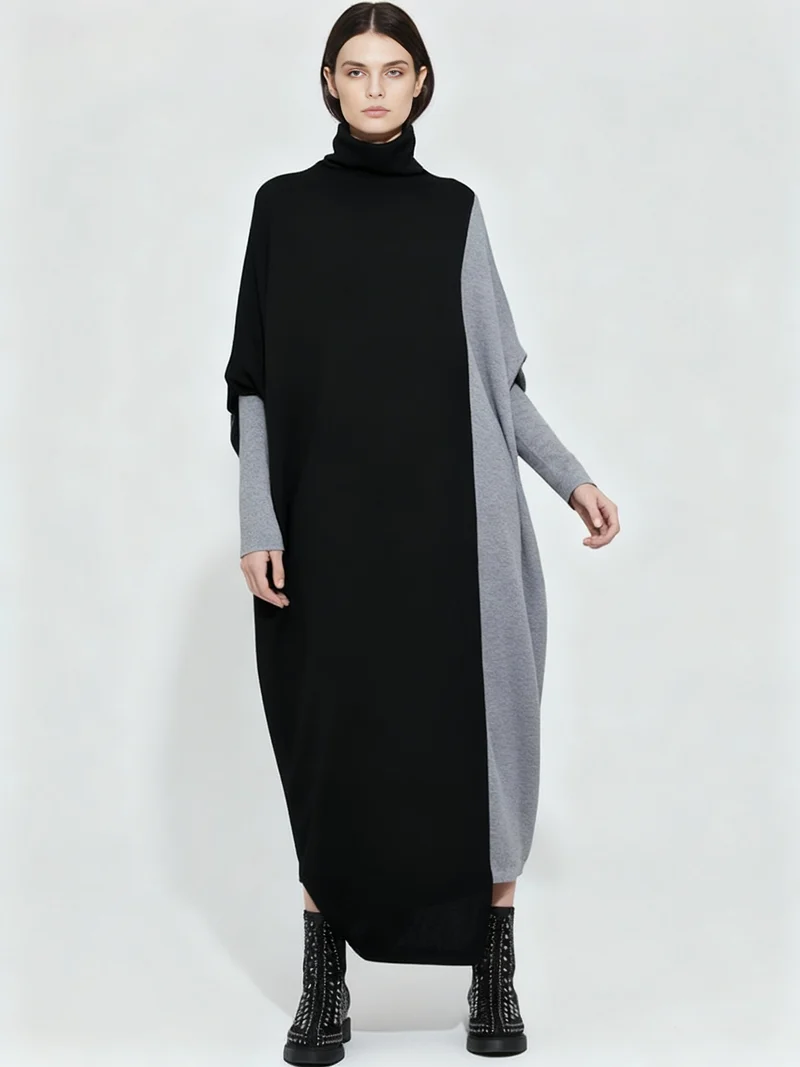 Oversized Knit Pullover Dress – Colorblock Black & Grey | Casual Minimal Goth