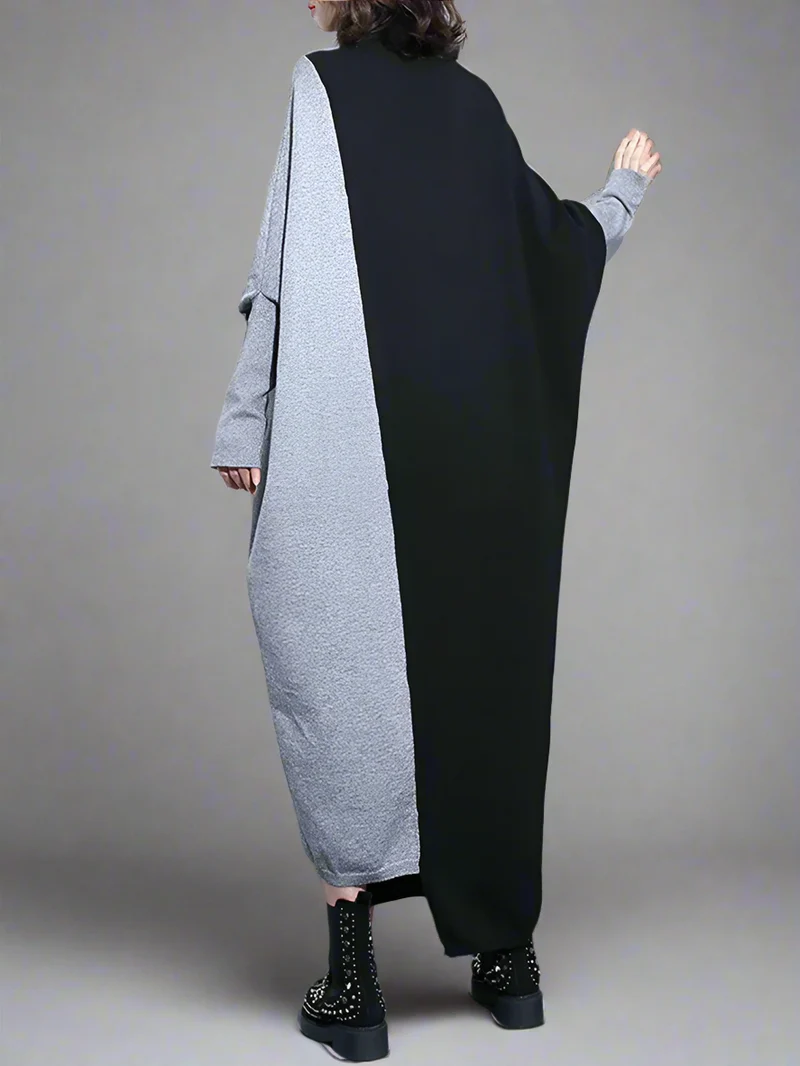 Oversized Knit Pullover Dress – Colorblock Black & Grey | Casual Minimal Goth