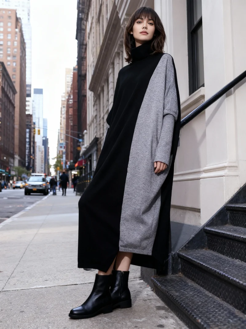 Oversized Knit Pullover Dress – Colorblock Black & Grey | Casual Minimal Goth