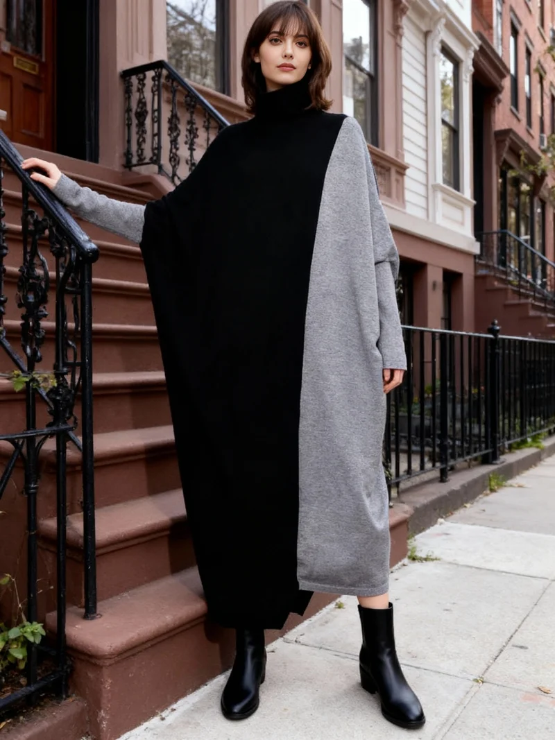 Oversized Knit Pullover Dress – Colorblock Black & Grey | Casual Minimal Goth