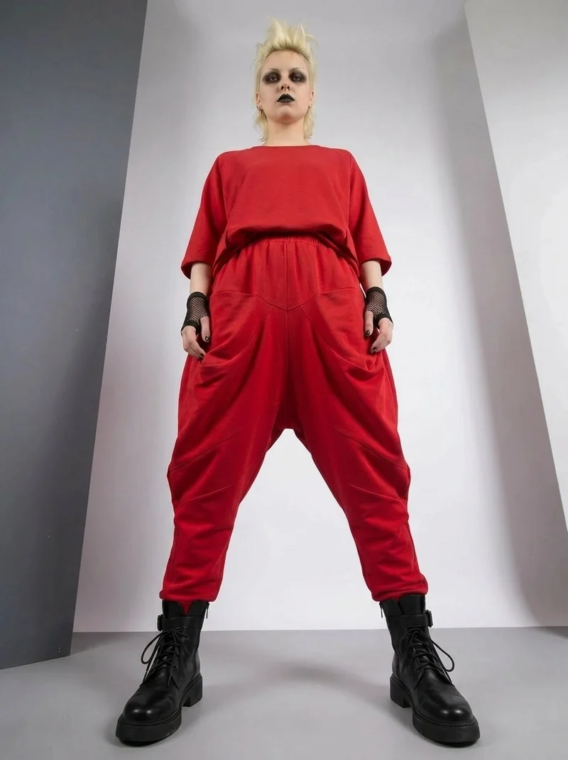 Punky Drop-Crotch Trousers — Statement Red