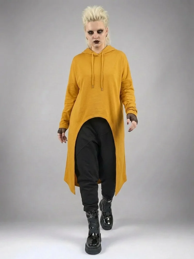 Mustard Asymmetric Hooded Pullover