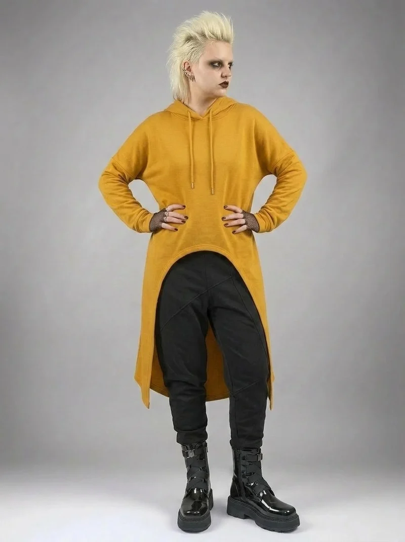 Mustard Asymmetric Hooded Pullover