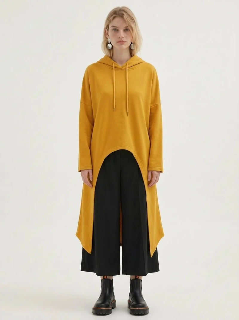 Mustard Asymmetric Hooded Pullover