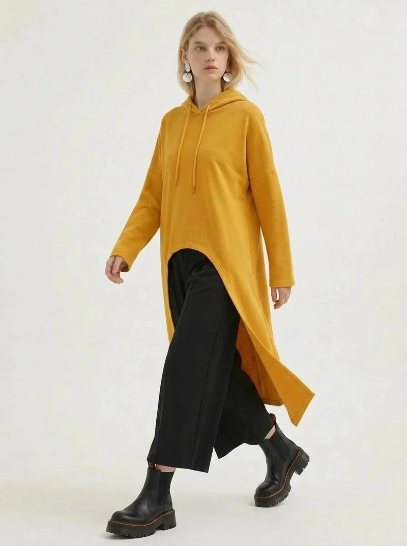 Mustard Asymmetric Hooded Pullover