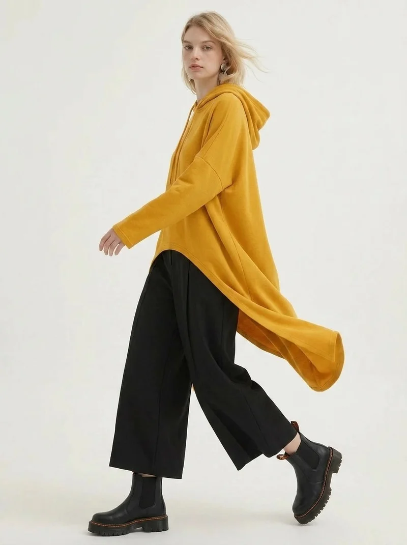 Mustard Asymmetric Hooded Pullover