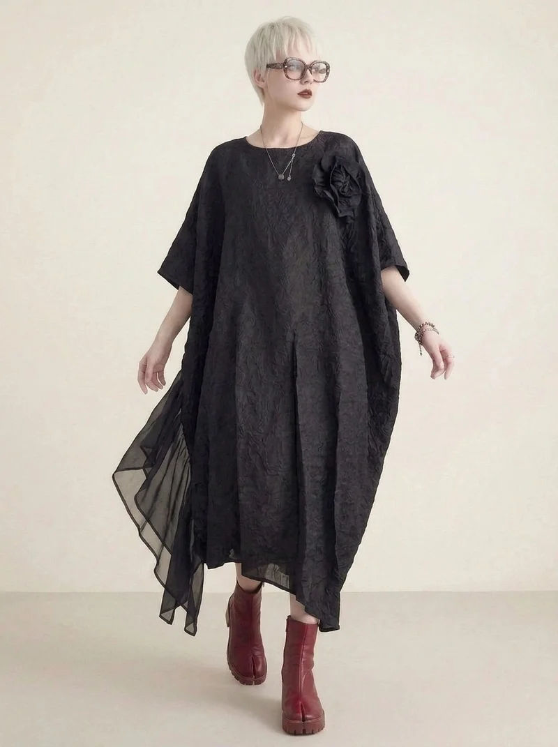 Urban Oversized Black Maxi Dress with Tulle Insert and 3D Textured Fabric