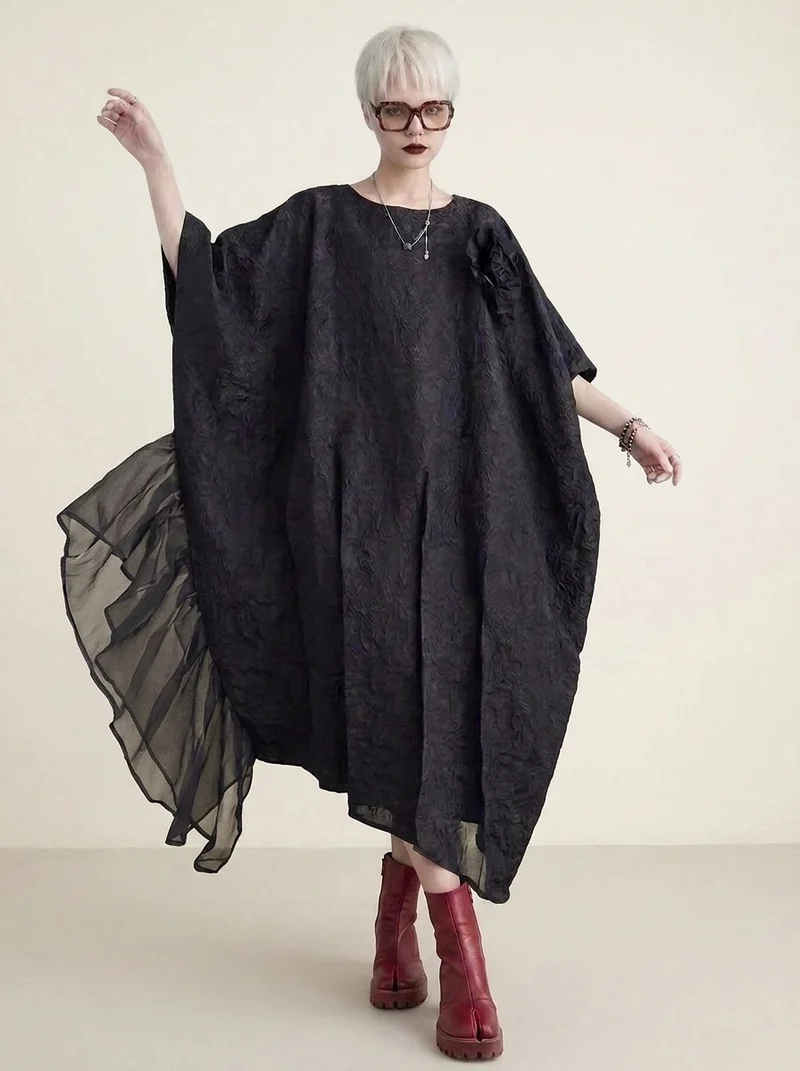 Urban Oversized Black Maxi Dress with Tulle Insert and 3D Textured Fabric