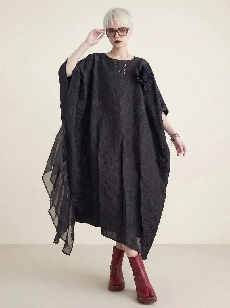 Urban Oversized Black Maxi Dress with Tulle Insert and 3D Textured Fabric