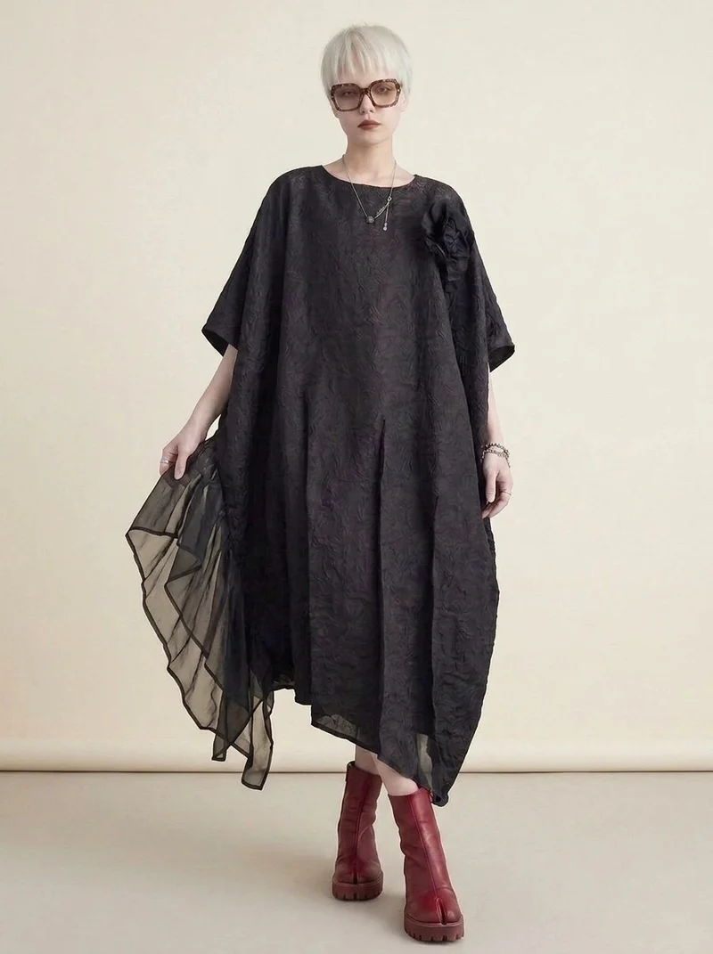Urban Oversized Black Maxi Dress with Tulle Insert and 3D Textured Fabric
