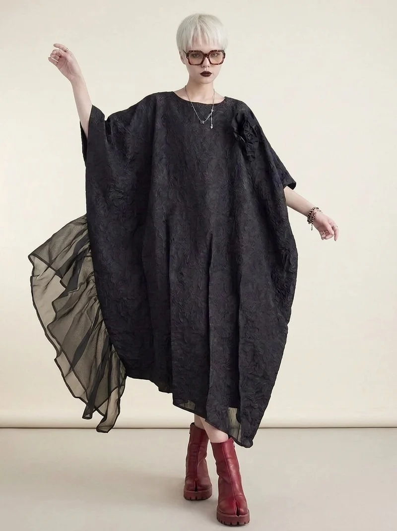 Urban Oversized Black Maxi Dress with Tulle Insert and 3D Textured Fabric