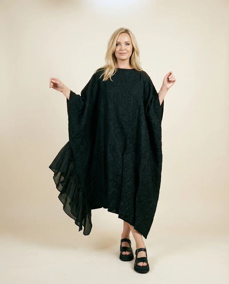 Urban Oversized Black Maxi Dress with Tulle Insert and 3D Textured Fabric