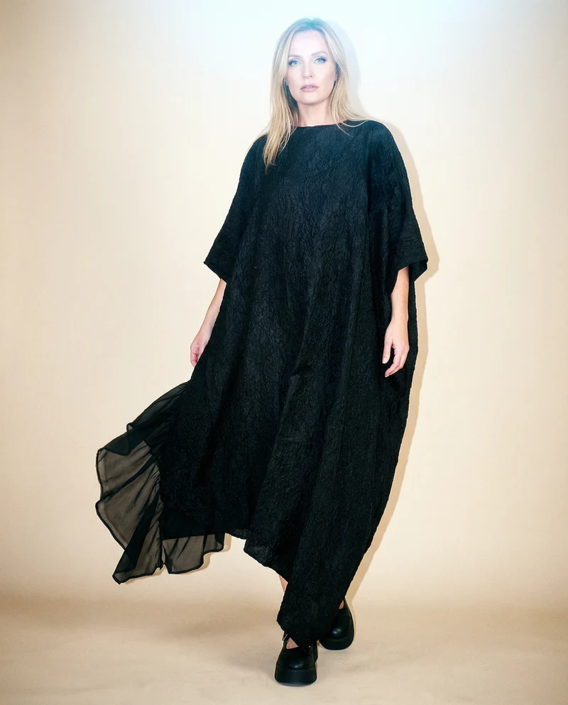 Urban Oversized Black Maxi Dress with Tulle Insert and 3D Textured Fabric