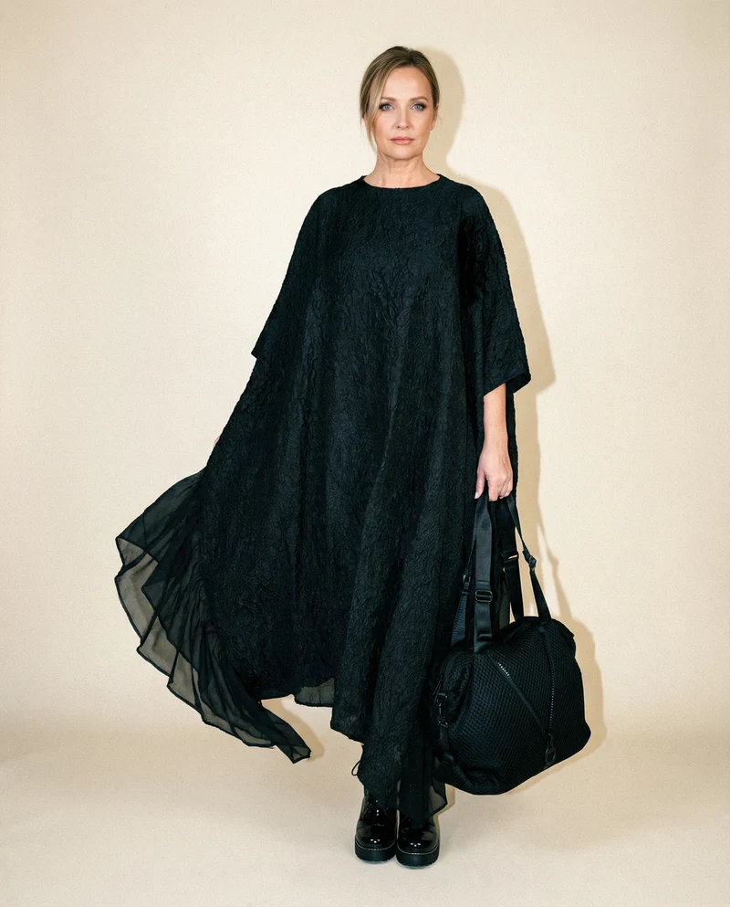 Urban Oversized Black Maxi Dress with Tulle Insert and 3D Textured Fabric