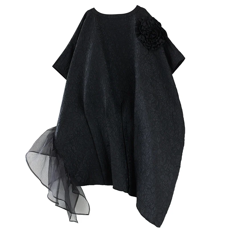 Urban Oversized Black Maxi Dress with Tulle Insert and 3D Textured Fabric