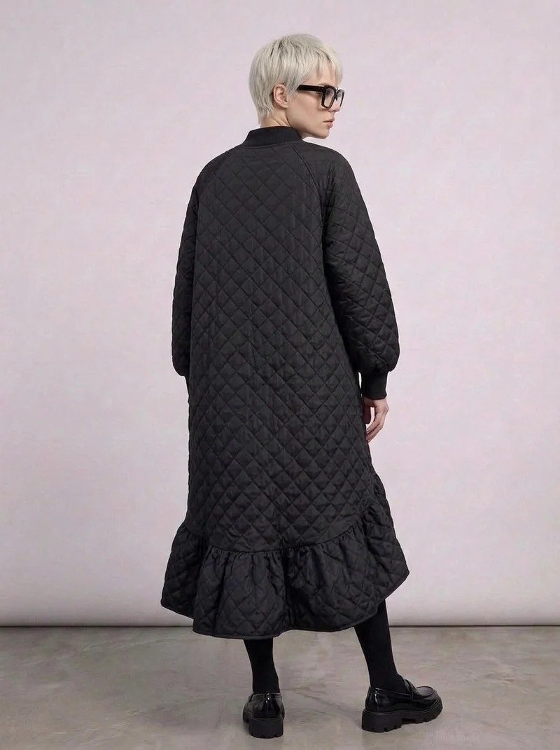 Quilted Winter Dress with Turtleneck and Knitted Cuffs - Warm and Stylish Mid-Calf Design