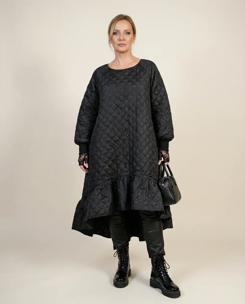 Quilted Winter Dress with Turtleneck and Knitted Cuffs - Warm and Stylish Mid-Calf Design
