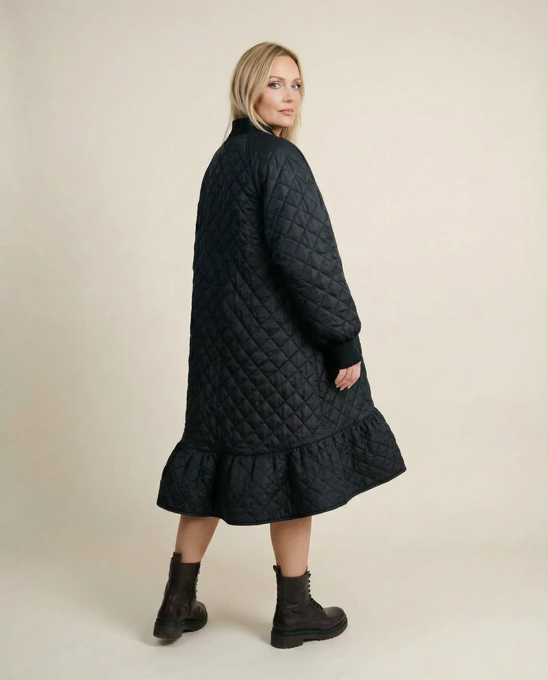Quilted Winter Dress with Turtleneck and Knitted Cuffs - Warm and Stylish Mid-Calf Design