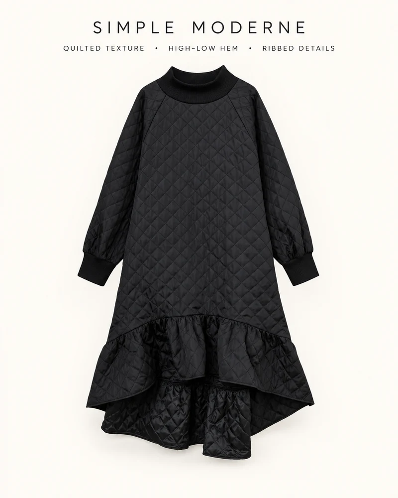 Quilted Winter Dress with Turtleneck and Knitted Cuffs - Warm and Stylish Mid-Calf Design