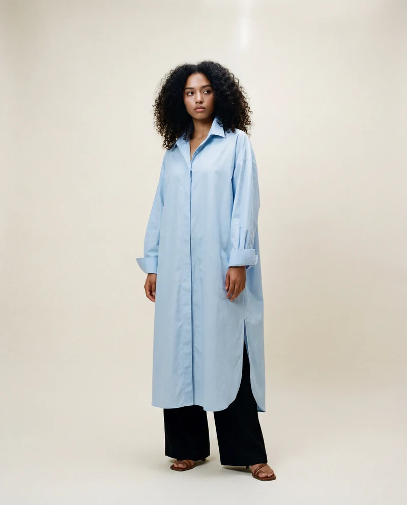 Jazz Up Oversized Fit Maxi Basic Blue Shirt Blouse
